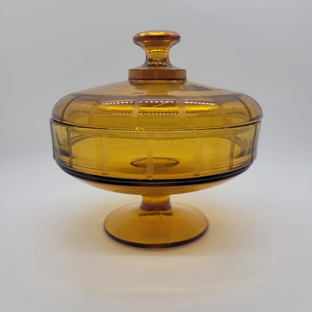 Vintage Amber Glass Pedestal Candy Dish with Lid Etched Floral Mid Century